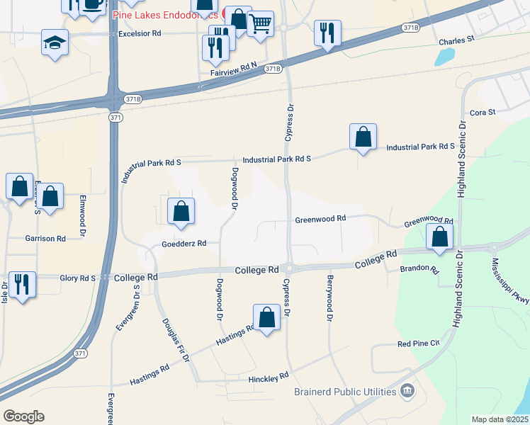 map of restaurants, bars, coffee shops, grocery stores, and more near 8006 Cypress Drive South in Baxter