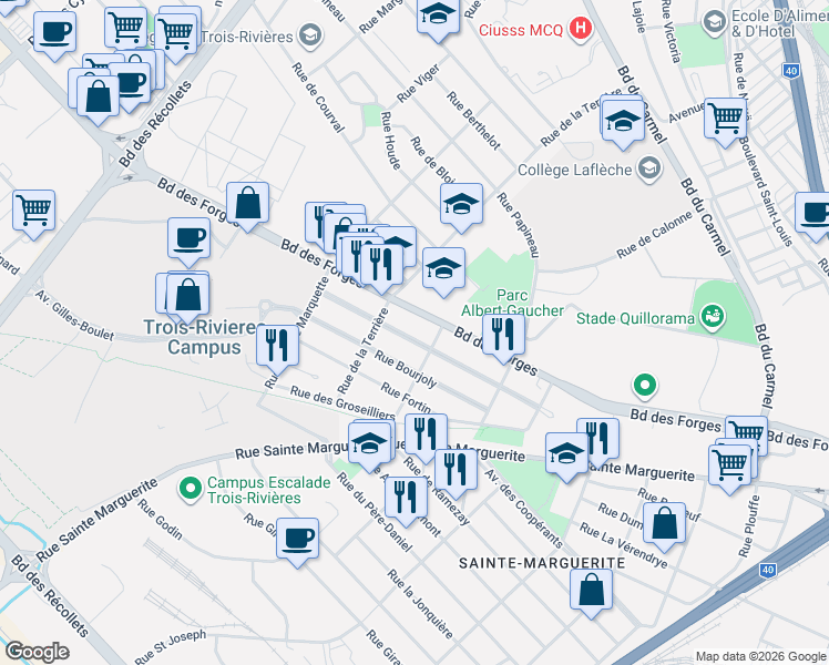 map of restaurants, bars, coffee shops, grocery stores, and more near 2890 Rue de Francheville in Trois-Rivières