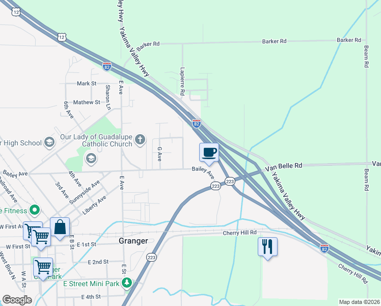map of restaurants, bars, coffee shops, grocery stores, and more near 600 South Lapierre Road in Granger