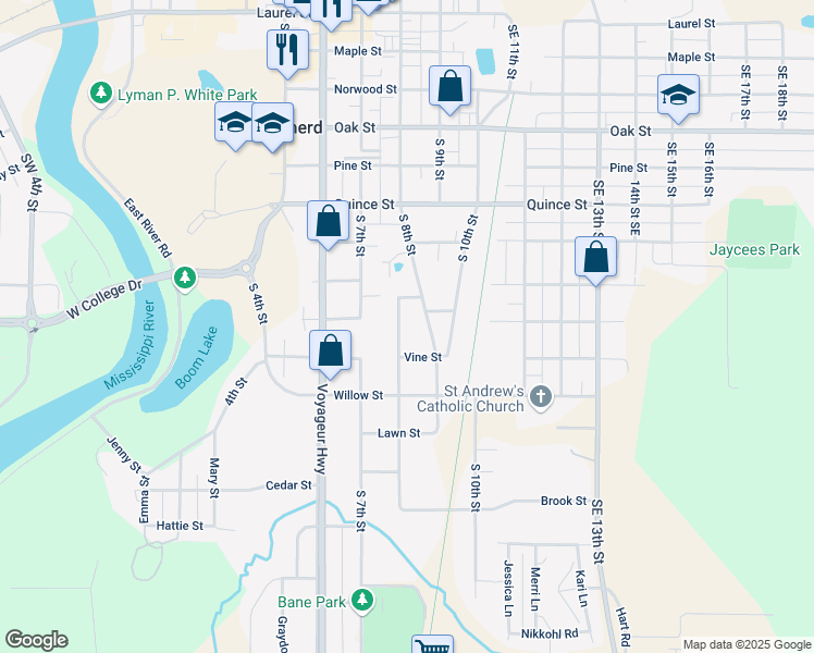 map of restaurants, bars, coffee shops, grocery stores, and more near 1110 Broadway Street in Brainerd