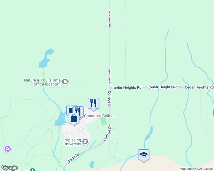 map of restaurants, bars, coffee shops, grocery stores, and more near 440 Cedar Heights Road in North Bay