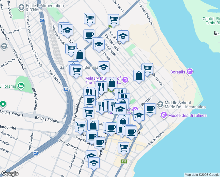 map of restaurants, bars, coffee shops, grocery stores, and more near 669 Rue Laviolette in Trois-Rivières