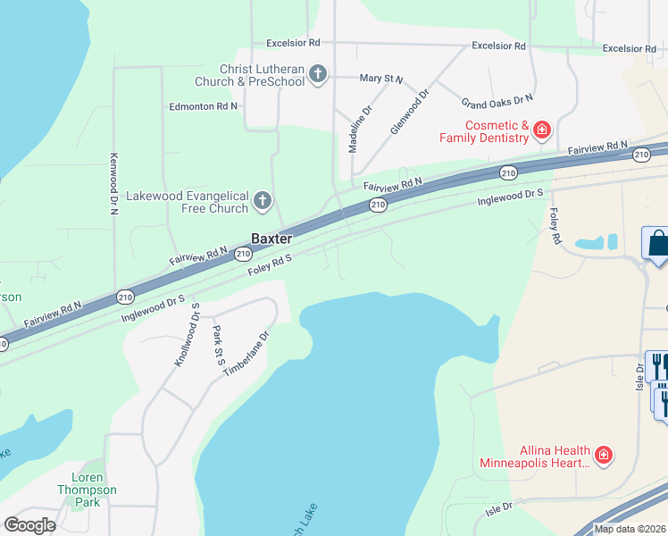 map of restaurants, bars, coffee shops, grocery stores, and more near 6441 Foley Road South in Baxter