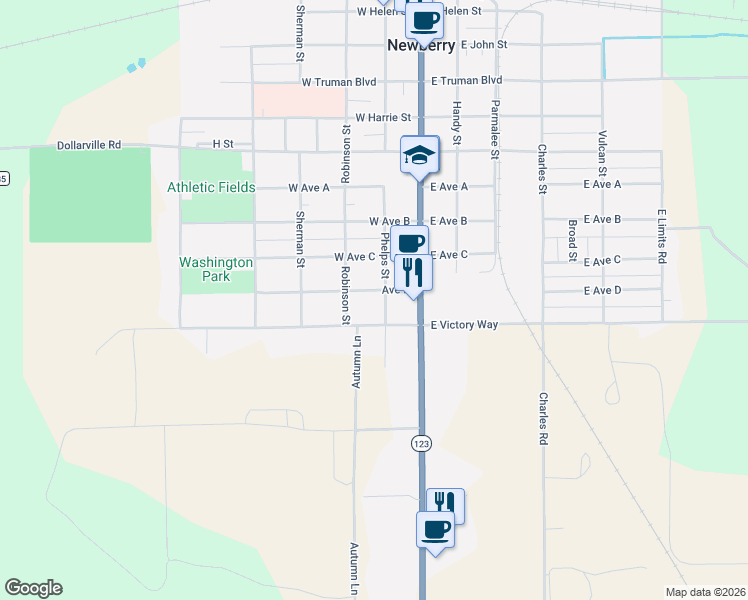map of restaurants, bars, coffee shops, grocery stores, and more near 200-208 West Victory Way in Newberry