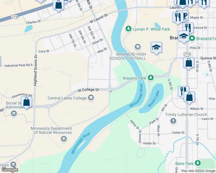 map of restaurants, bars, coffee shops, grocery stores, and more near 724 Southwest 4th Street in Brainerd