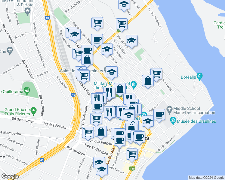 map of restaurants, bars, coffee shops, grocery stores, and more near 777 Rue Laviolette in Trois-Rivières