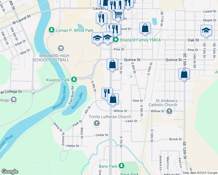 map of restaurants, bars, coffee shops, grocery stores, and more near 1020 South 6th Street in Brainerd