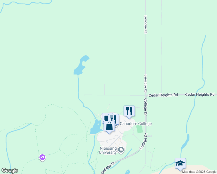 map of restaurants, bars, coffee shops, grocery stores, and more near 30 Leger Street in North Bay
