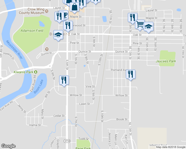 map of restaurants, bars, coffee shops, grocery stores, and more near 801 Lake Street in Brainerd