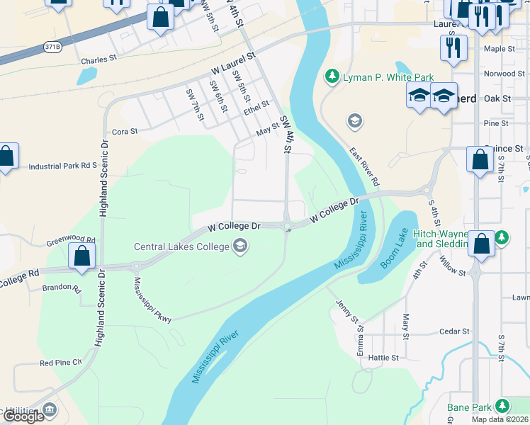 map of restaurants, bars, coffee shops, grocery stores, and more near 722 Southwest 4th Street in Brainerd