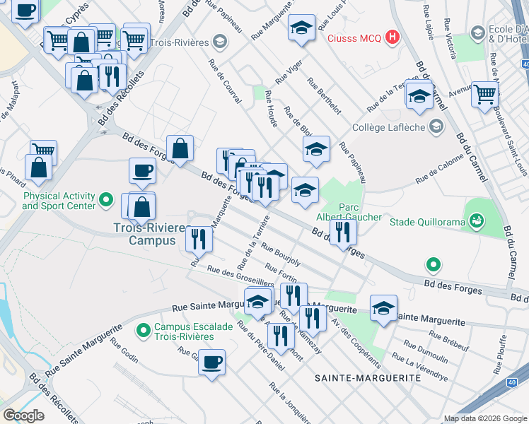 map of restaurants, bars, coffee shops, grocery stores, and more near 3025 Boulevard des Forges in Trois-Rivières