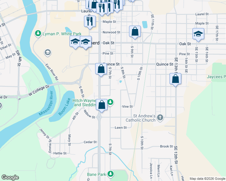 map of restaurants, bars, coffee shops, grocery stores, and more near 927 South 7th Street in Brainerd