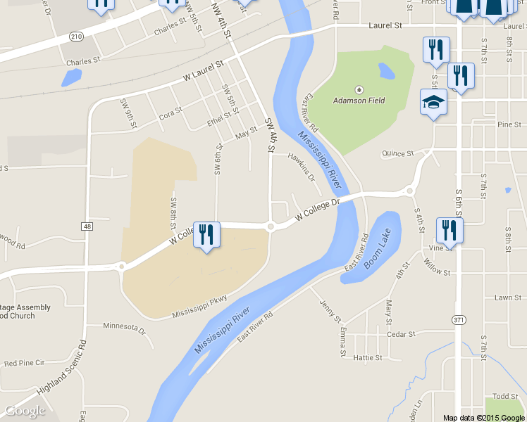 map of restaurants, bars, coffee shops, grocery stores, and more near 724 Southwest 4th Street in Brainerd