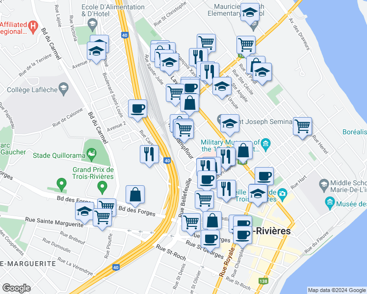 map of restaurants, bars, coffee shops, grocery stores, and more near Rue Champflour in Trois-Rivières