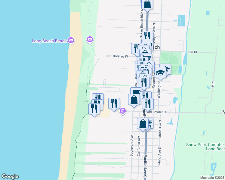 map of restaurants, bars, coffee shops, grocery stores, and more near 316 7th Street Southwest in Long Beach
