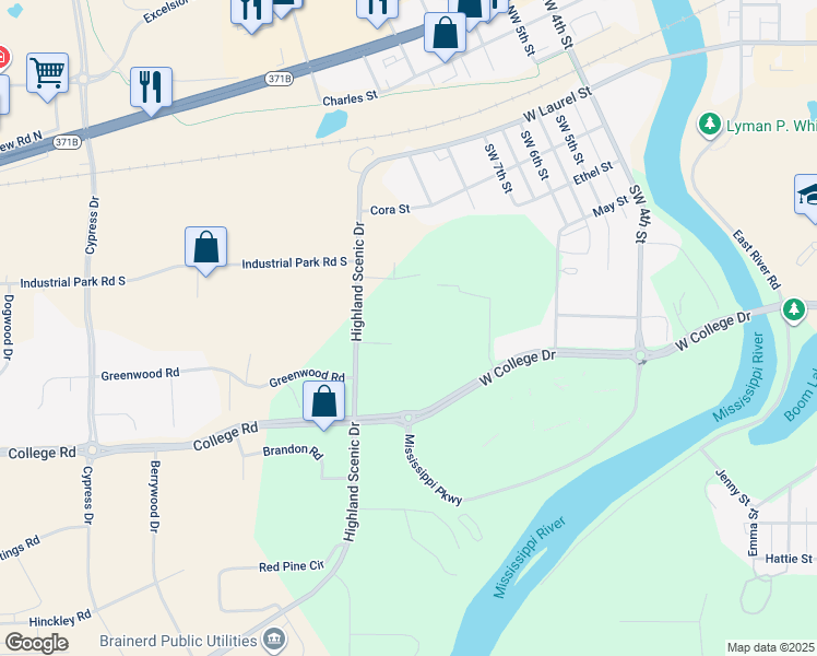 map of restaurants, bars, coffee shops, grocery stores, and more near 901 Annabec Street in Brainerd