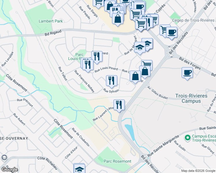 map of restaurants, bars, coffee shops, grocery stores, and more near 3925 Rue du Cardinal-Léger in Trois-Rivières