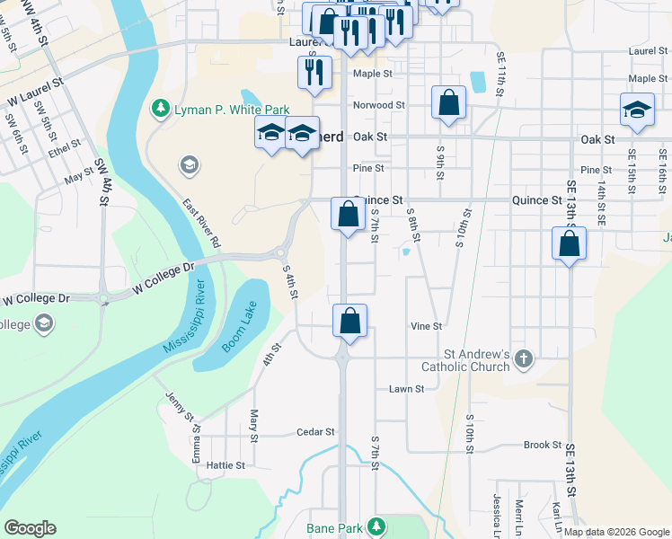 map of restaurants, bars, coffee shops, grocery stores, and more near 1002 South 6th Street in Brainerd