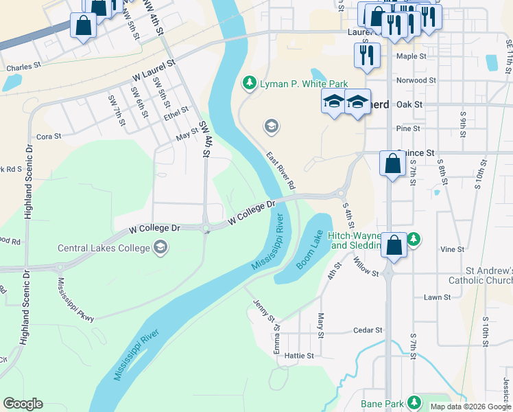 map of restaurants, bars, coffee shops, grocery stores, and more near 203 Hawkins Drive in Brainerd