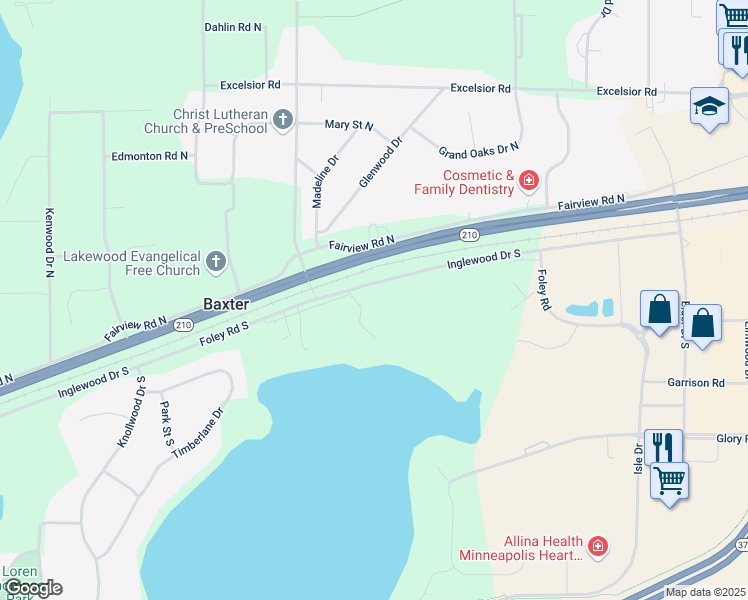 map of restaurants, bars, coffee shops, grocery stores, and more near 2695-3037 Inglewood Drive South in Baxter