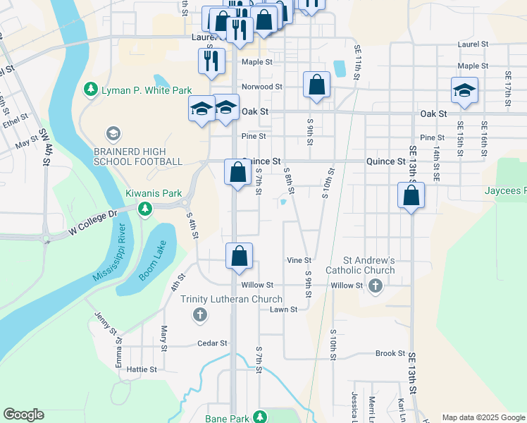 map of restaurants, bars, coffee shops, grocery stores, and more near 927 South 7th Street in Brainerd