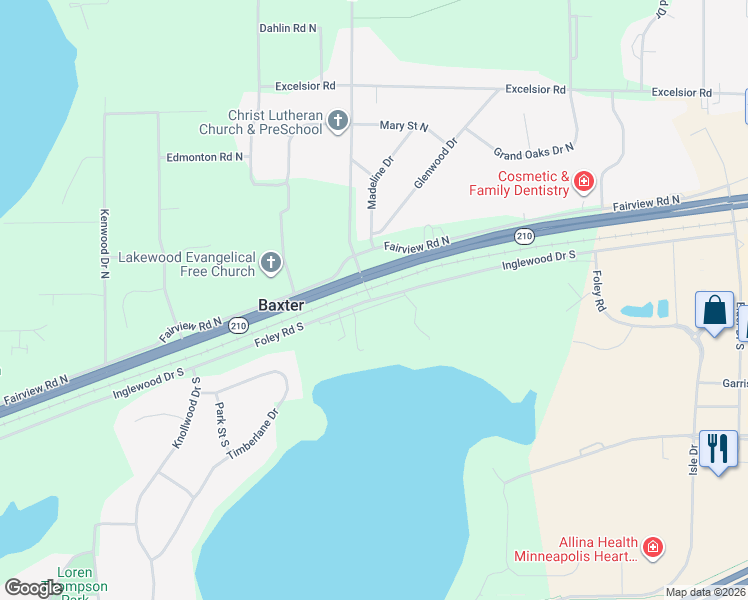 map of restaurants, bars, coffee shops, grocery stores, and more near 7565 Excelsior Road in Baxter