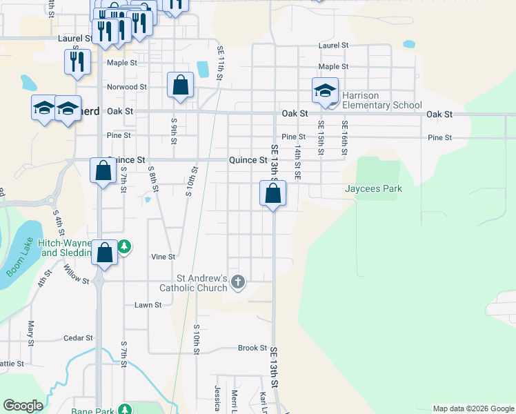 map of restaurants, bars, coffee shops, grocery stores, and more near 927 Southeast 12th Street in Brainerd