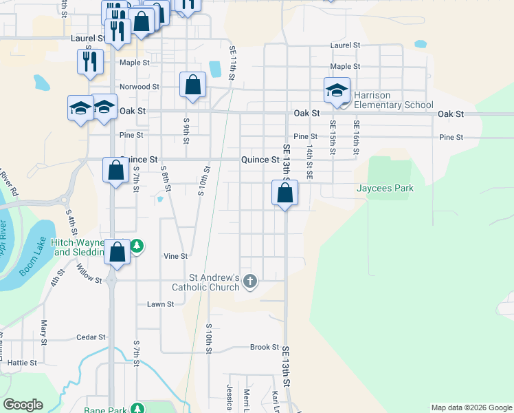 map of restaurants, bars, coffee shops, grocery stores, and more near 927 Southeast 12th Street in Brainerd