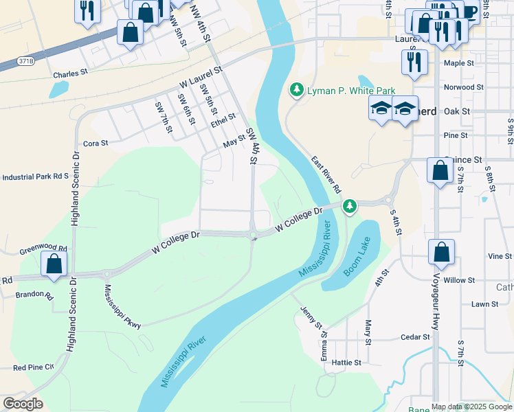 map of restaurants, bars, coffee shops, grocery stores, and more near 721 Southwest 4th Street in Brainerd