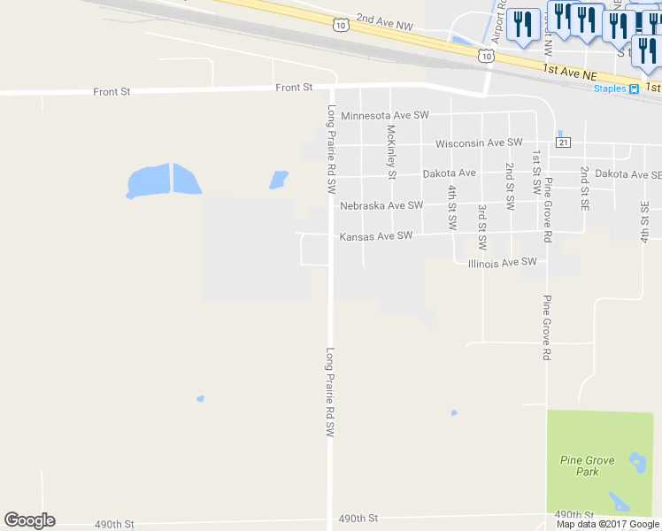 map of restaurants, bars, coffee shops, grocery stores, and more near 801 Illinois Avenue Southwest in Staples