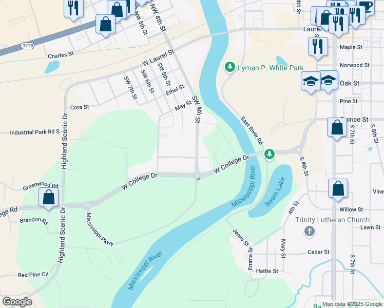 map of restaurants, bars, coffee shops, grocery stores, and more near 721 Southwest 4th Street in Brainerd