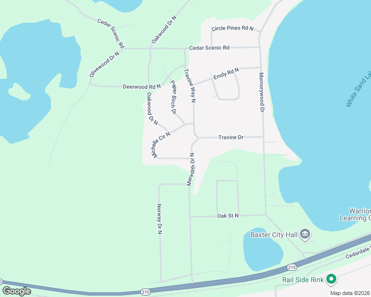 map of restaurants, bars, coffee shops, grocery stores, and more near 13579 Meredith Drive North in Baxter