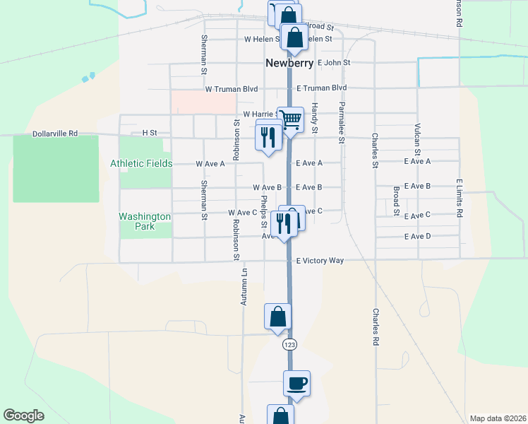 map of restaurants, bars, coffee shops, grocery stores, and more near 201 West Avenue C in Newberry