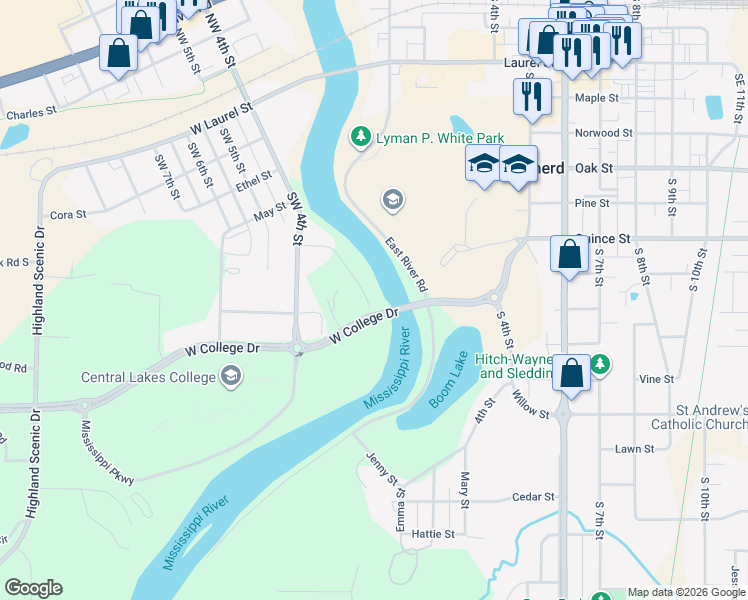 map of restaurants, bars, coffee shops, grocery stores, and more near 203 Hawkins Drive in Brainerd