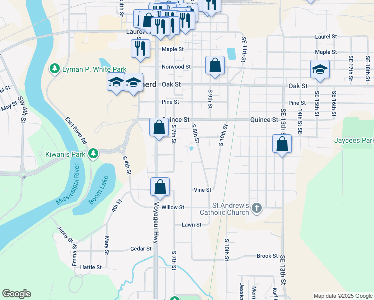 map of restaurants, bars, coffee shops, grocery stores, and more near 927 South 7th Street in Brainerd
