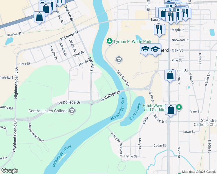 map of restaurants, bars, coffee shops, grocery stores, and more near 210 Hawkins Drive in Brainerd