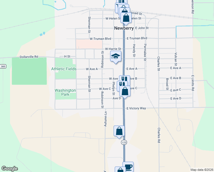 map of restaurants, bars, coffee shops, grocery stores, and more near 201-299 West Avenue C in Newberry