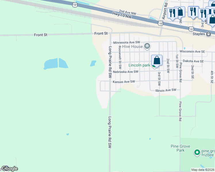 map of restaurants, bars, coffee shops, grocery stores, and more near 801 Illinois Avenue Southwest in Staples