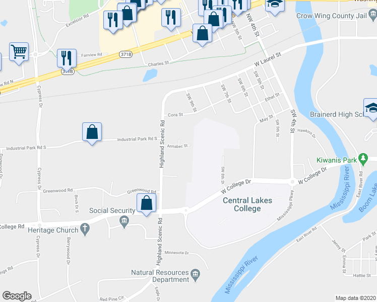 map of restaurants, bars, coffee shops, grocery stores, and more near 901 Annabec Street in Brainerd