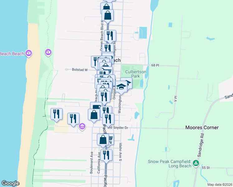 map of restaurants, bars, coffee shops, grocery stores, and more near 511 Washington Avenue South in Long Beach
