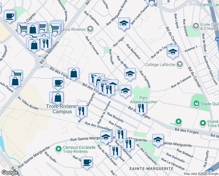 map of restaurants, bars, coffee shops, grocery stores, and more near Rue du Père Bressani in Trois-Rivières