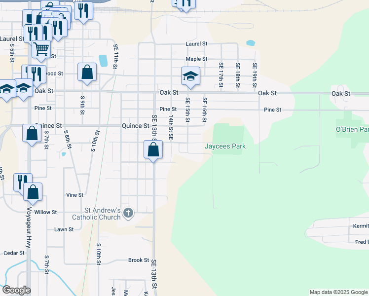 map of restaurants, bars, coffee shops, grocery stores, and more near 906 Southeast 15th Street in Brainerd