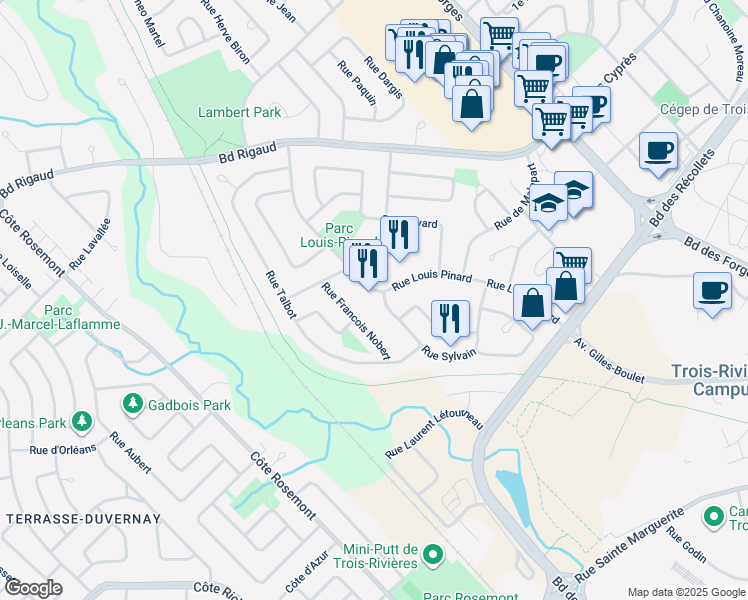 map of restaurants, bars, coffee shops, grocery stores, and more near 2255 Rue Sylvain in Trois-Rivières