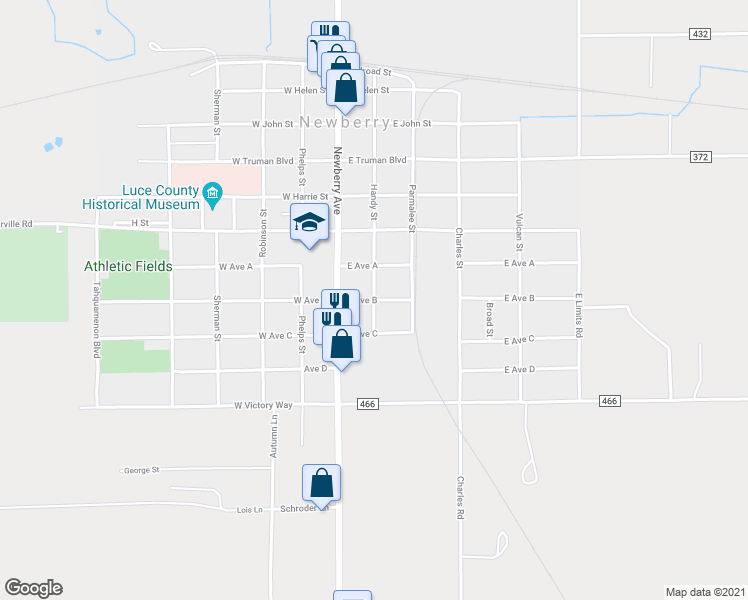 map of restaurants, bars, coffee shops, grocery stores, and more near 199 E Ave B in Newberry