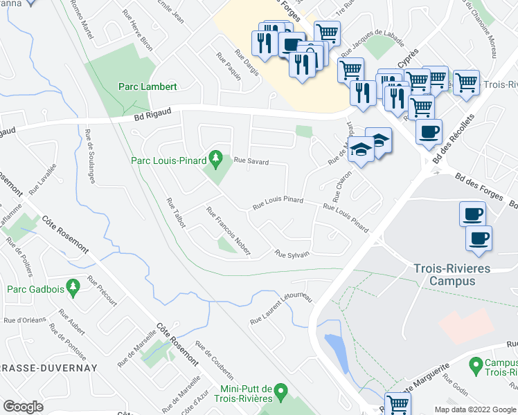map of restaurants, bars, coffee shops, grocery stores, and more near 3945 Rue Louis Pinard in Trois-Rivières