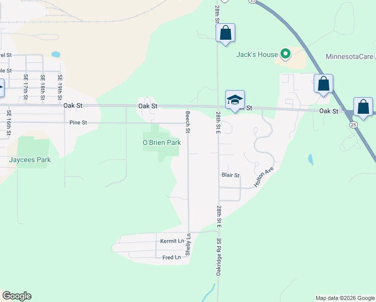 map of restaurants, bars, coffee shops, grocery stores, and more near Beech Street in Brainerd