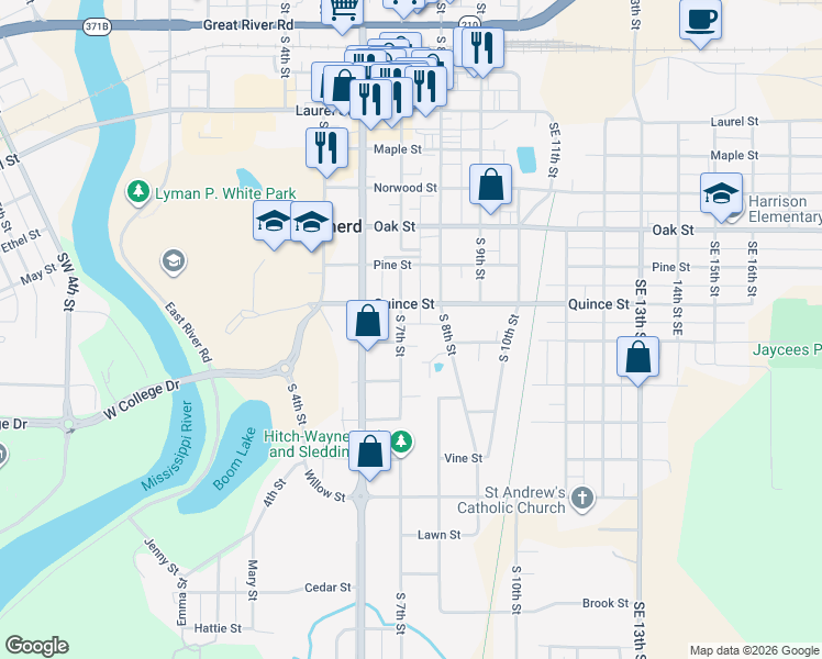 map of restaurants, bars, coffee shops, grocery stores, and more near 815 South 7th Street in Brainerd