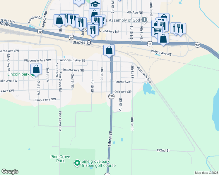 map of restaurants, bars, coffee shops, grocery stores, and more near 515 6th Street Southeast in Staples