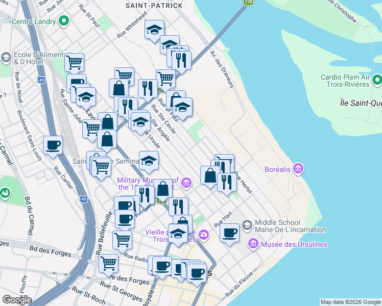 map of restaurants, bars, coffee shops, grocery stores, and more near 785 Rue Sainte Cécile in Trois-Rivières