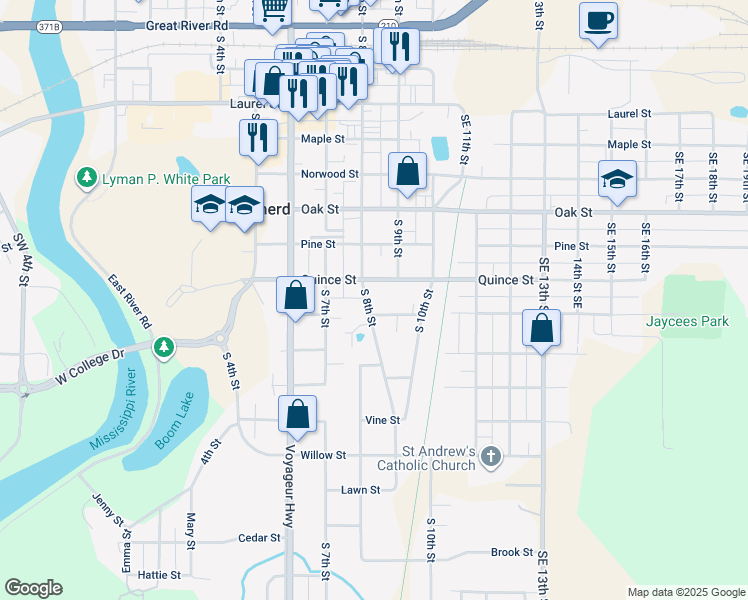 map of restaurants, bars, coffee shops, grocery stores, and more near 809 South 8th Street in Brainerd